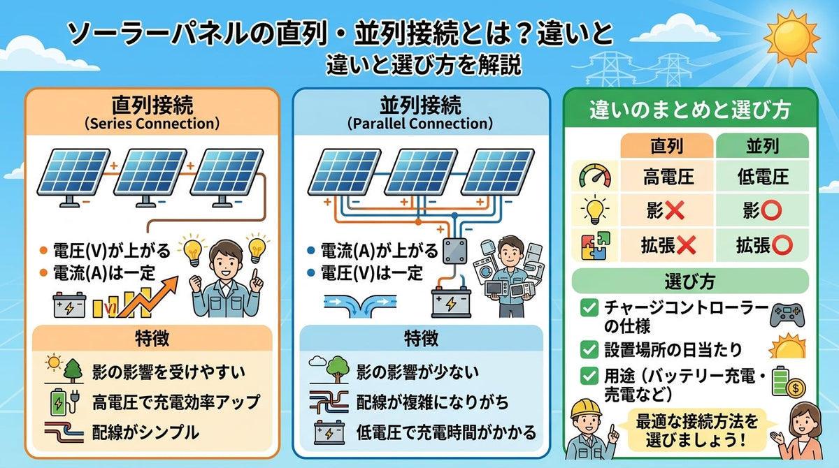 ソーラーパネルの直列・並列接続とは？違いと選び方を解説