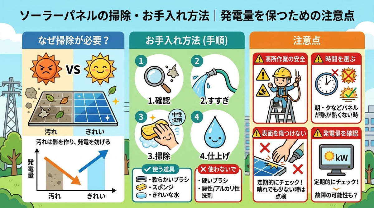 ソーラーパネルの掃除・お手入れ方法｜発電量を保つための注意点