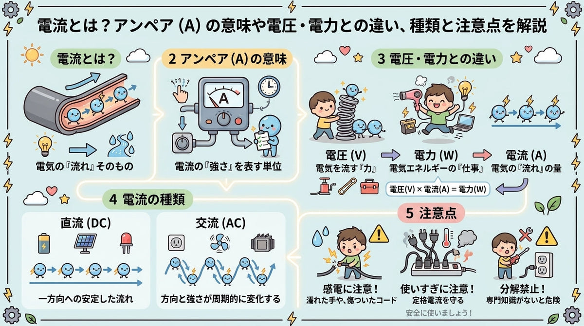 電流とは？アンペア（A）の意味や電圧・電力との違い、種類と注意点を解説