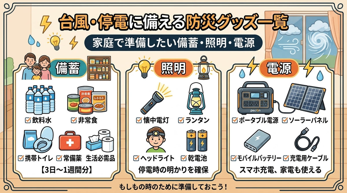 台風・停電に備える防災グッズ一覧｜家庭で準備したい備蓄・照明・電源