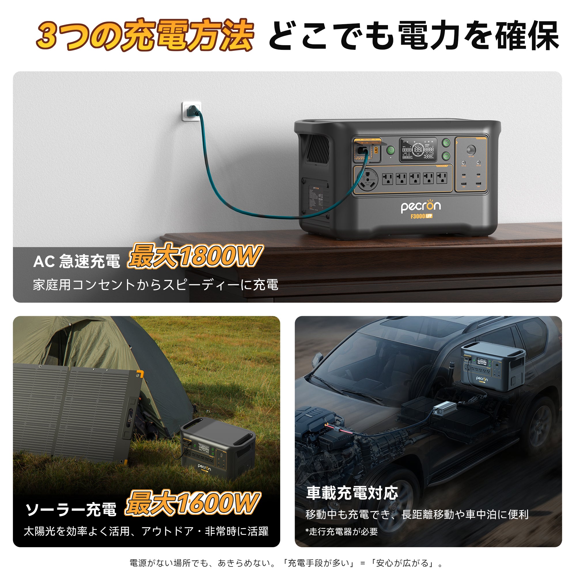 PECRON F3000LFP  大容量 ポータブル電源｜防災・車中泊・キャンプ｜容量3072Wh・出力3600W