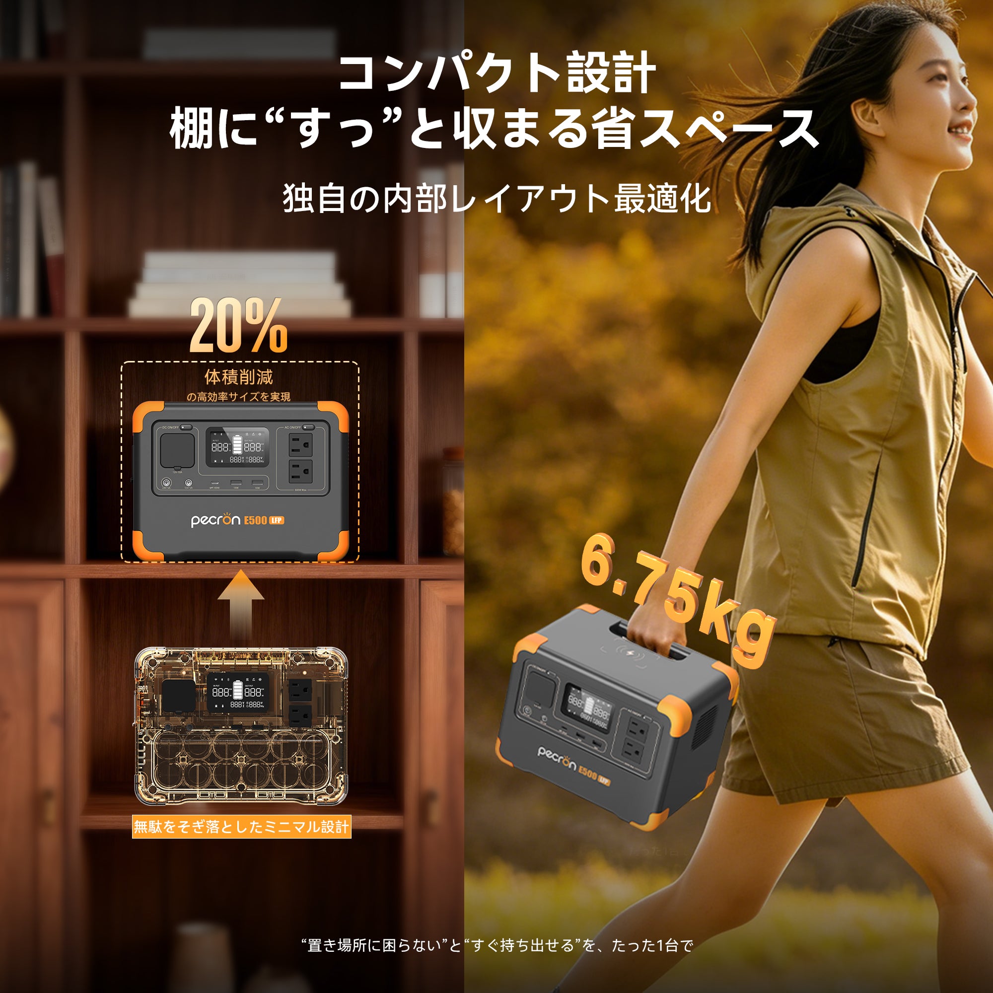 PECRON E500LFP 小型ポータブル電源｜防災・アウトドア・車中泊｜容量576Wh・出力600W