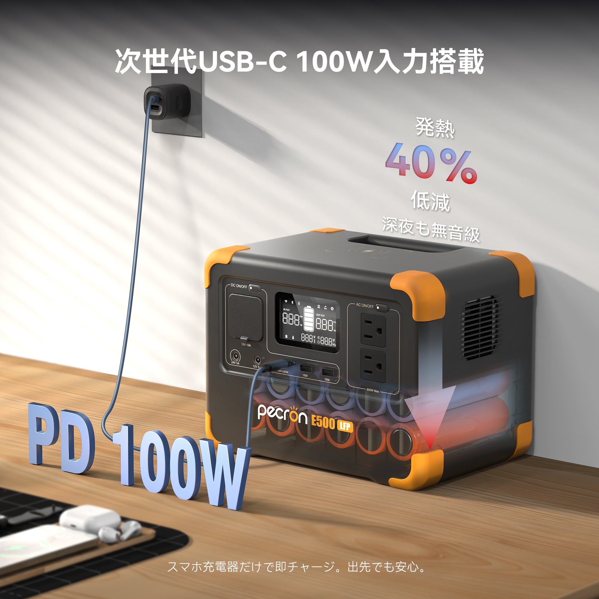 PECRON E500LFP 小型ポータブル電源｜防災・アウトドア・車中泊｜容量576Wh・出力600W