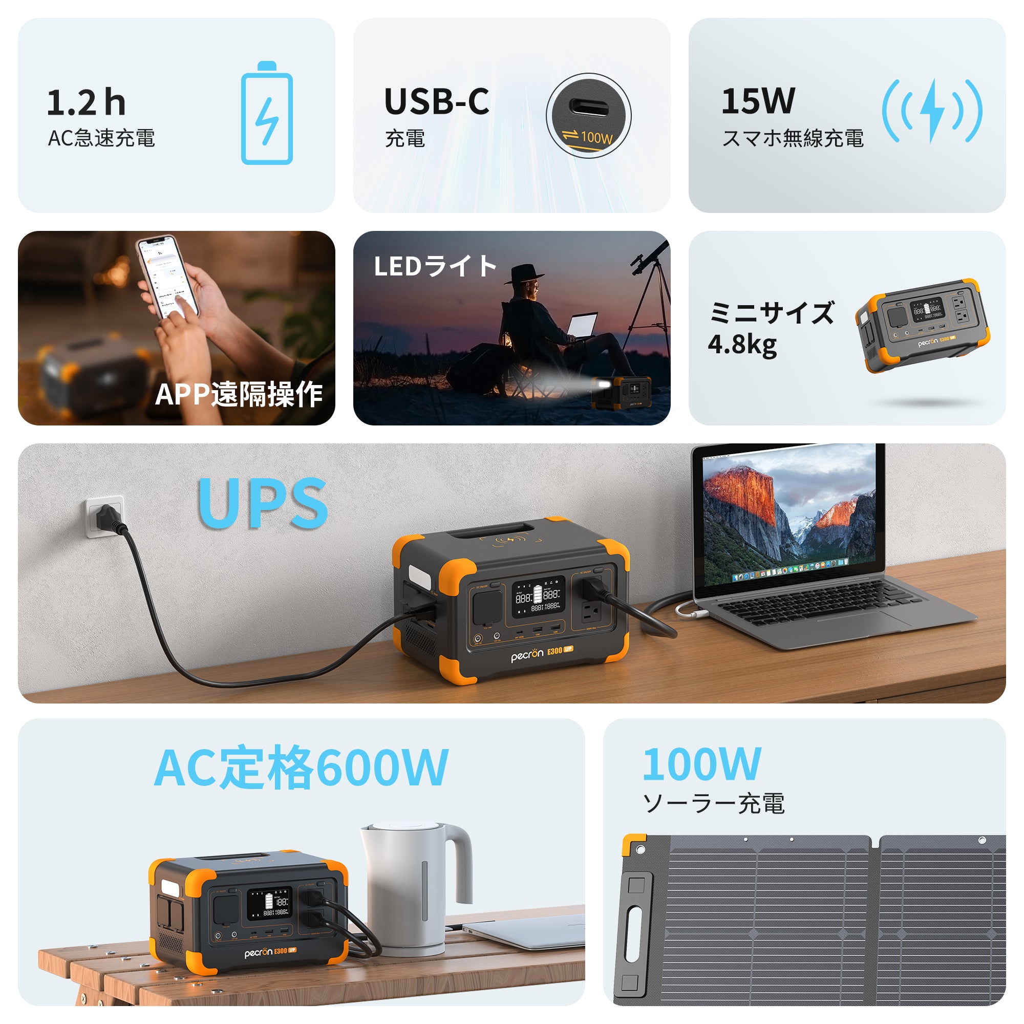 PECRON E300LFP 小型ポータブル電源｜防災・車中泊・キャンプ｜容量288Wh・出力600W
