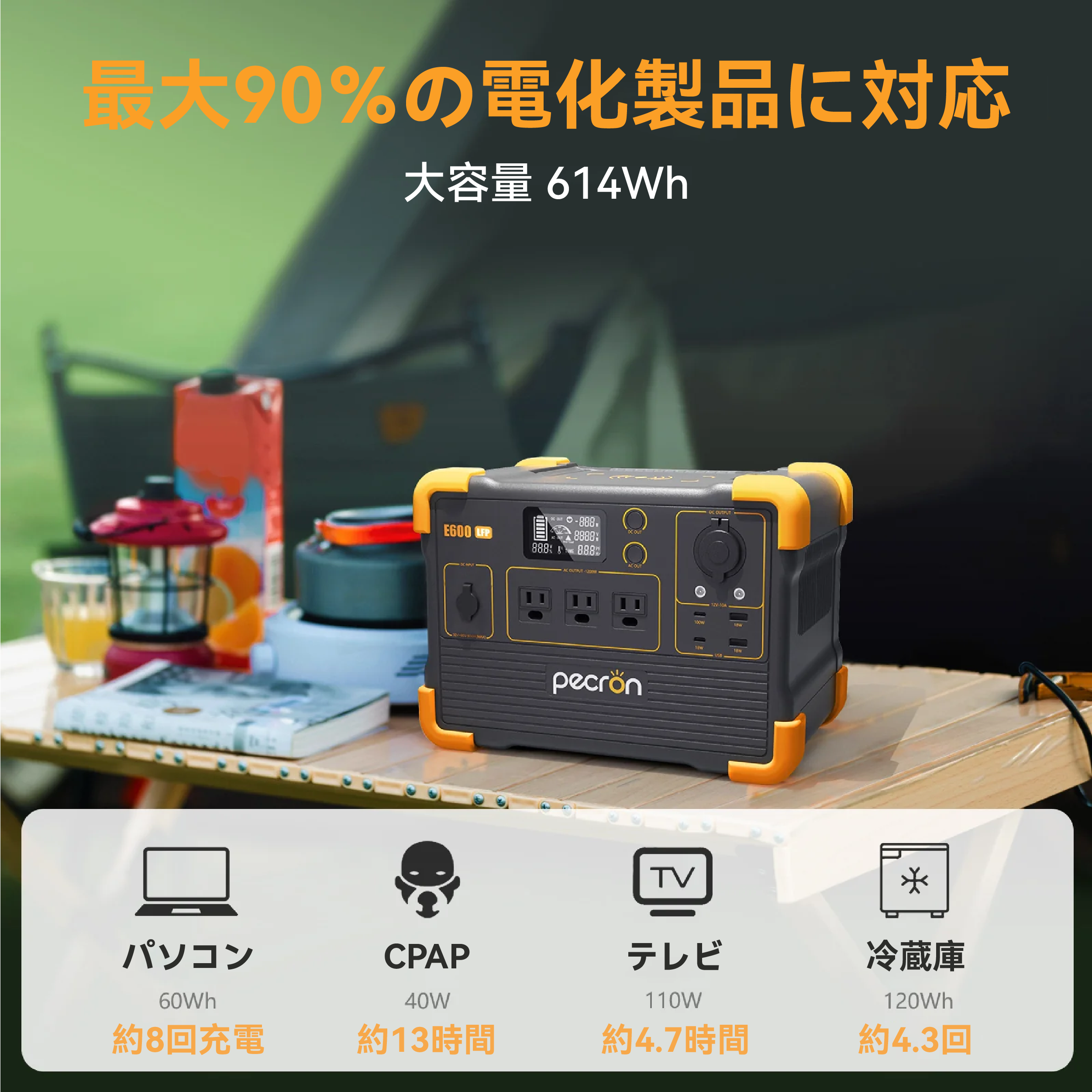 PECRON E600LFP 小型ポータブル電源 大容量｜防災・アウトドア・車中泊｜容量614Wh・出力1200W