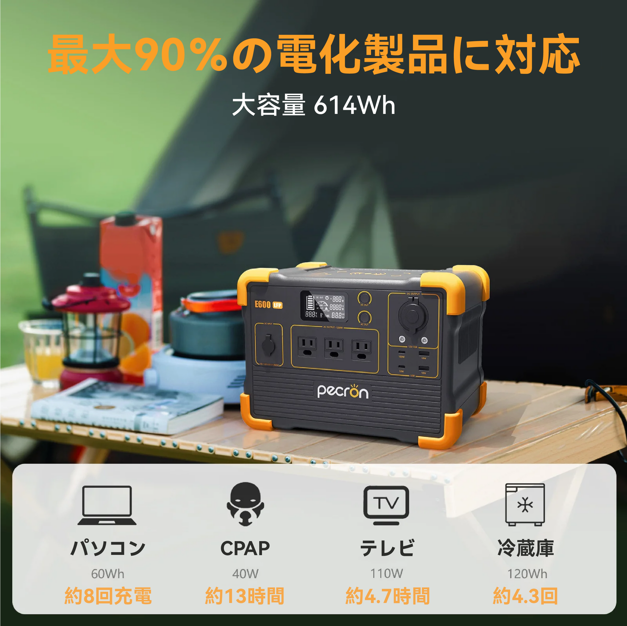 PECRON E600LFP 小型ポータブル電源 大容量｜防災・アウトドア・車中泊｜容量614Wh・出力1200W